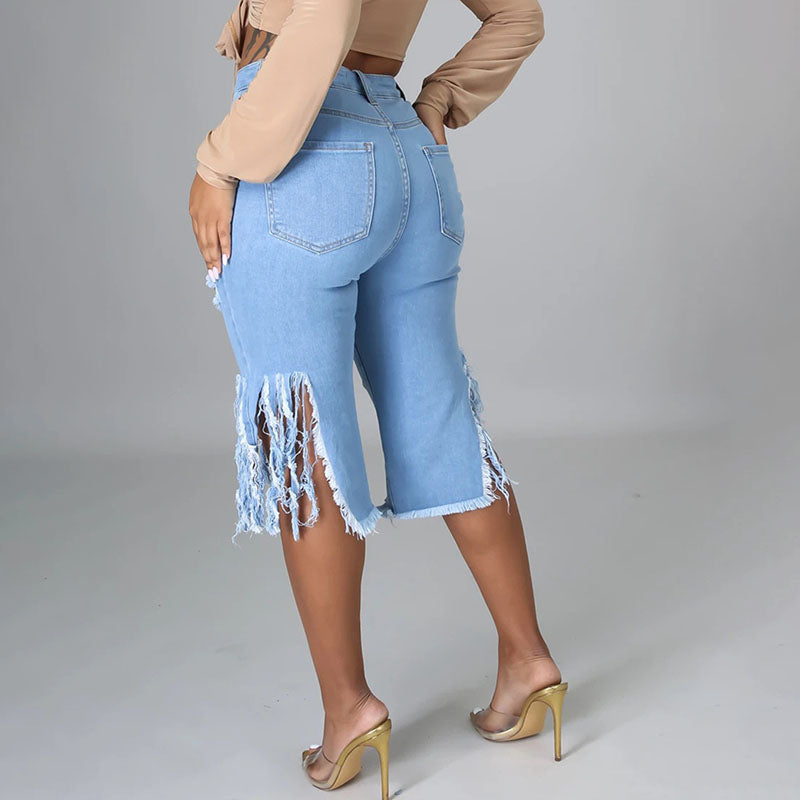High-waisted ripped fringed denim capri pants