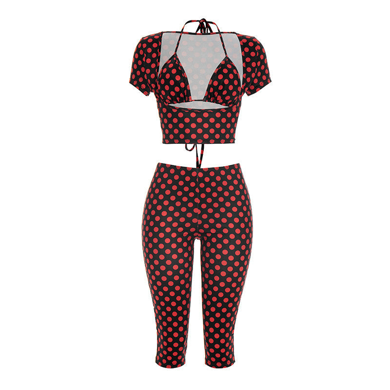 Retro polka dot top paired with cropped pants set