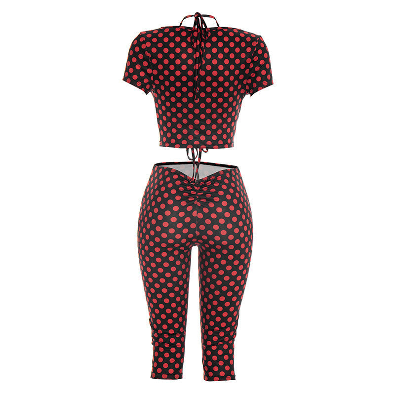 Retro polka dot top paired with cropped pants set