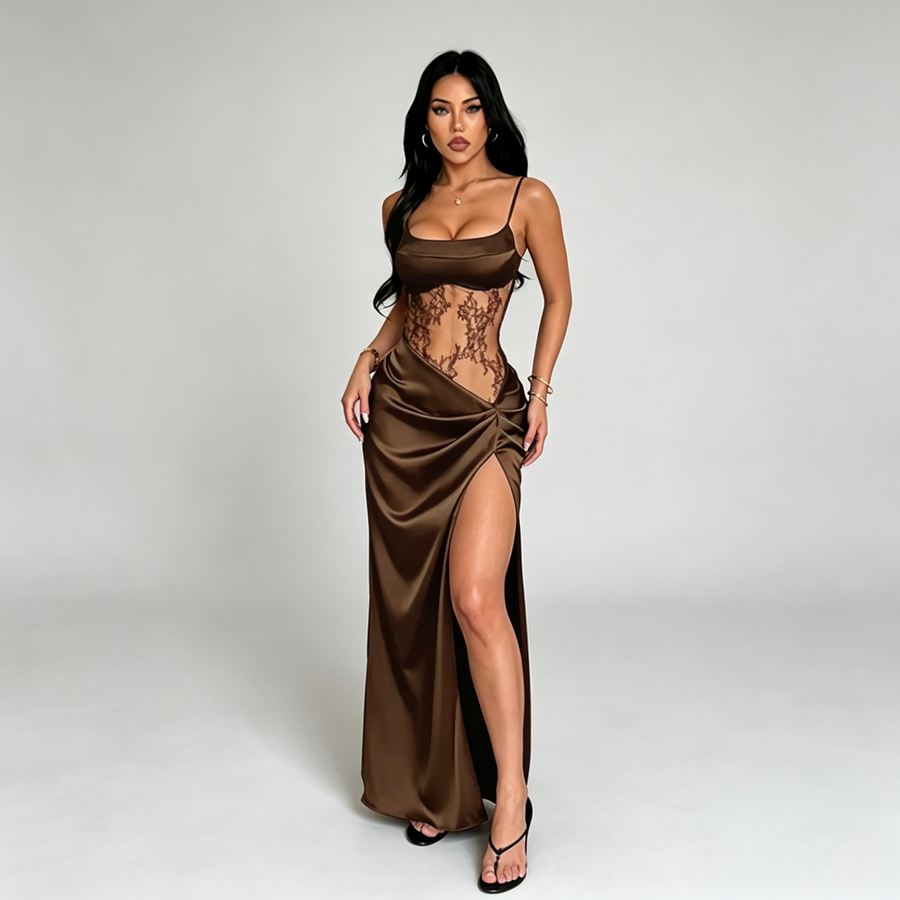 Lace Illusion High-Slit Maxi Dress