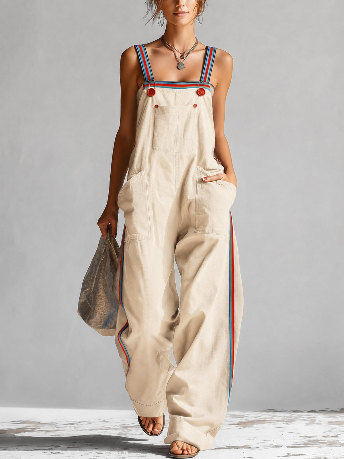 Women’s Oversized Utility Overalls – Contrast Strap Wide Leg Cargo Jumpsuit With Pockets
