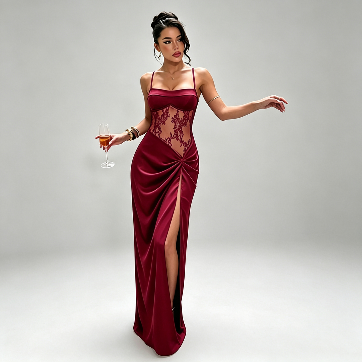 Lace Illusion High-Slit Maxi Dress