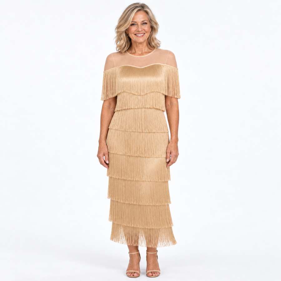 The Rosemont Mesh-Shoulder Fringe Maxi Dress