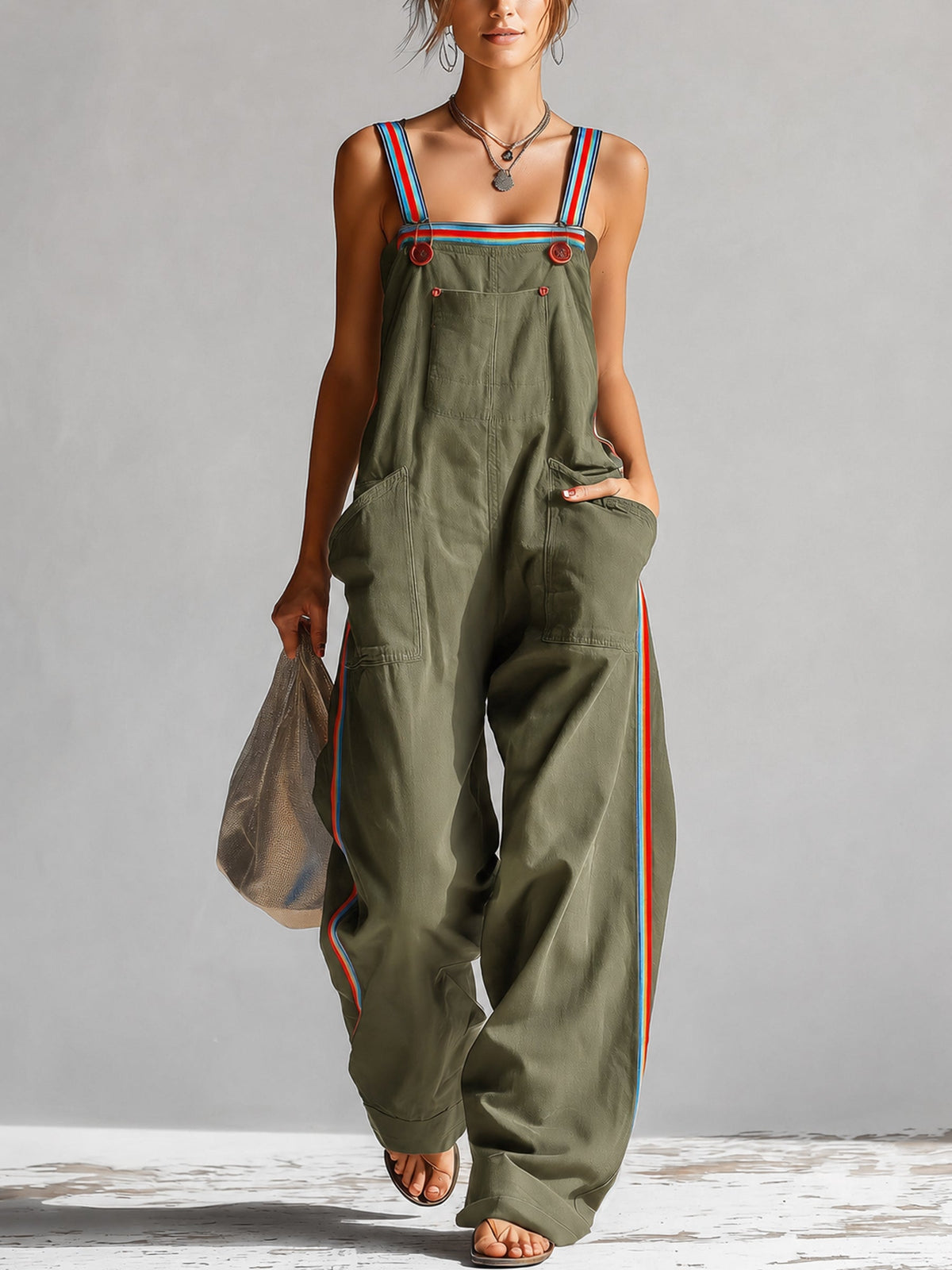 Women’s Oversized Utility Overalls – Contrast Strap Wide Leg Cargo Jumpsuit With Pockets
