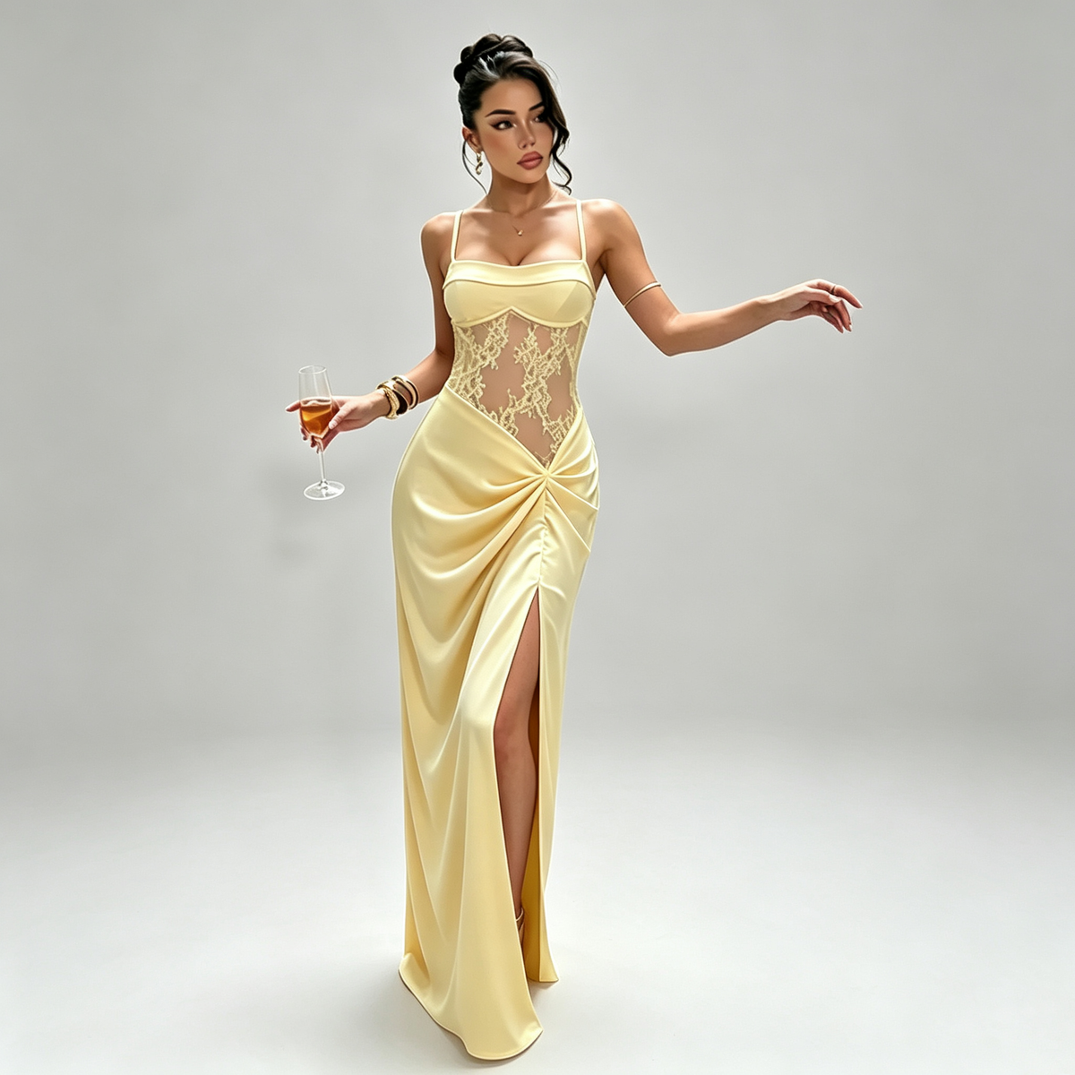 Lace Illusion High-Slit Maxi Dress