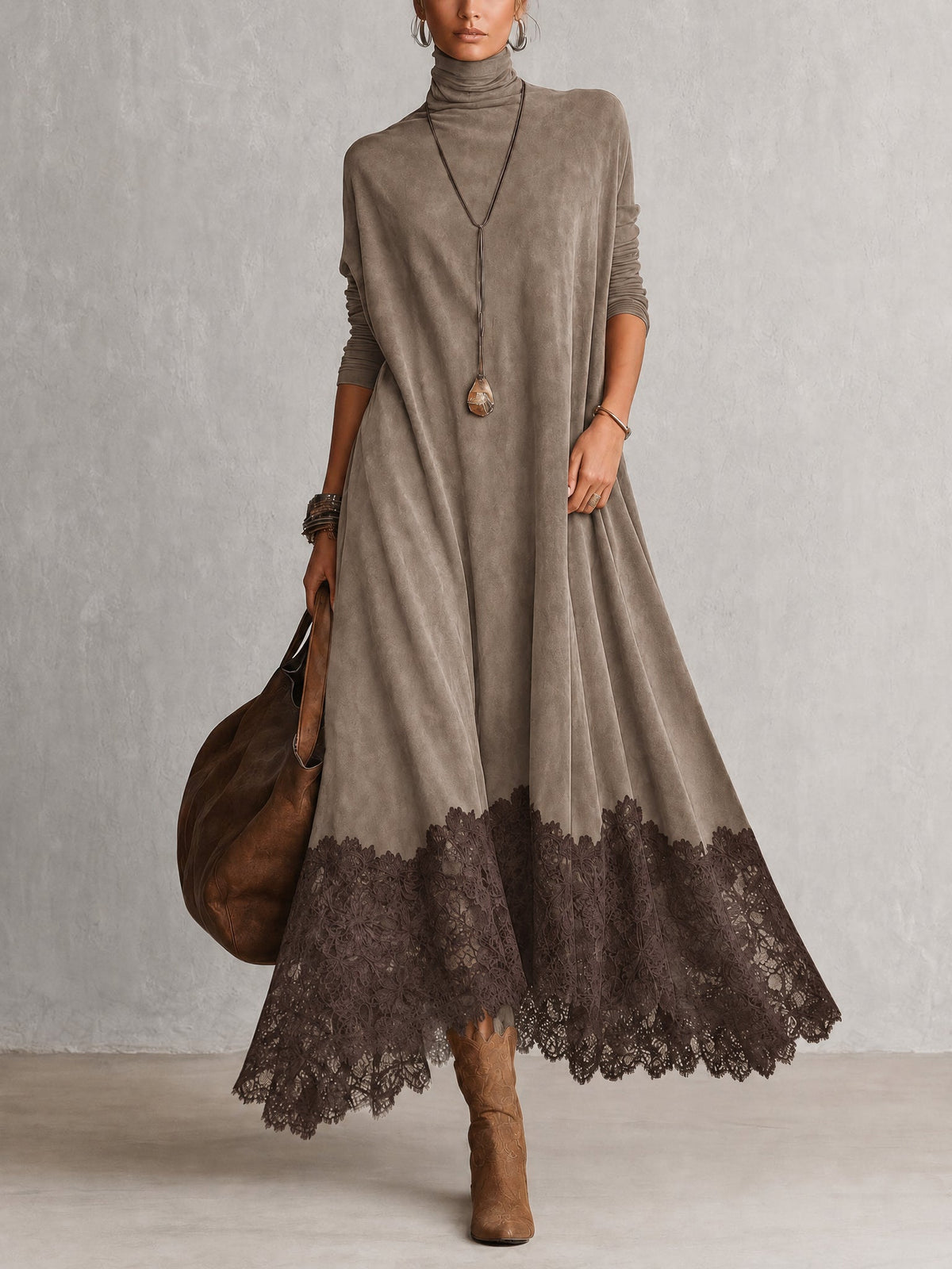 Vintage Brown Suede Feel Long Sleeve Lace Hem Maxi Dress