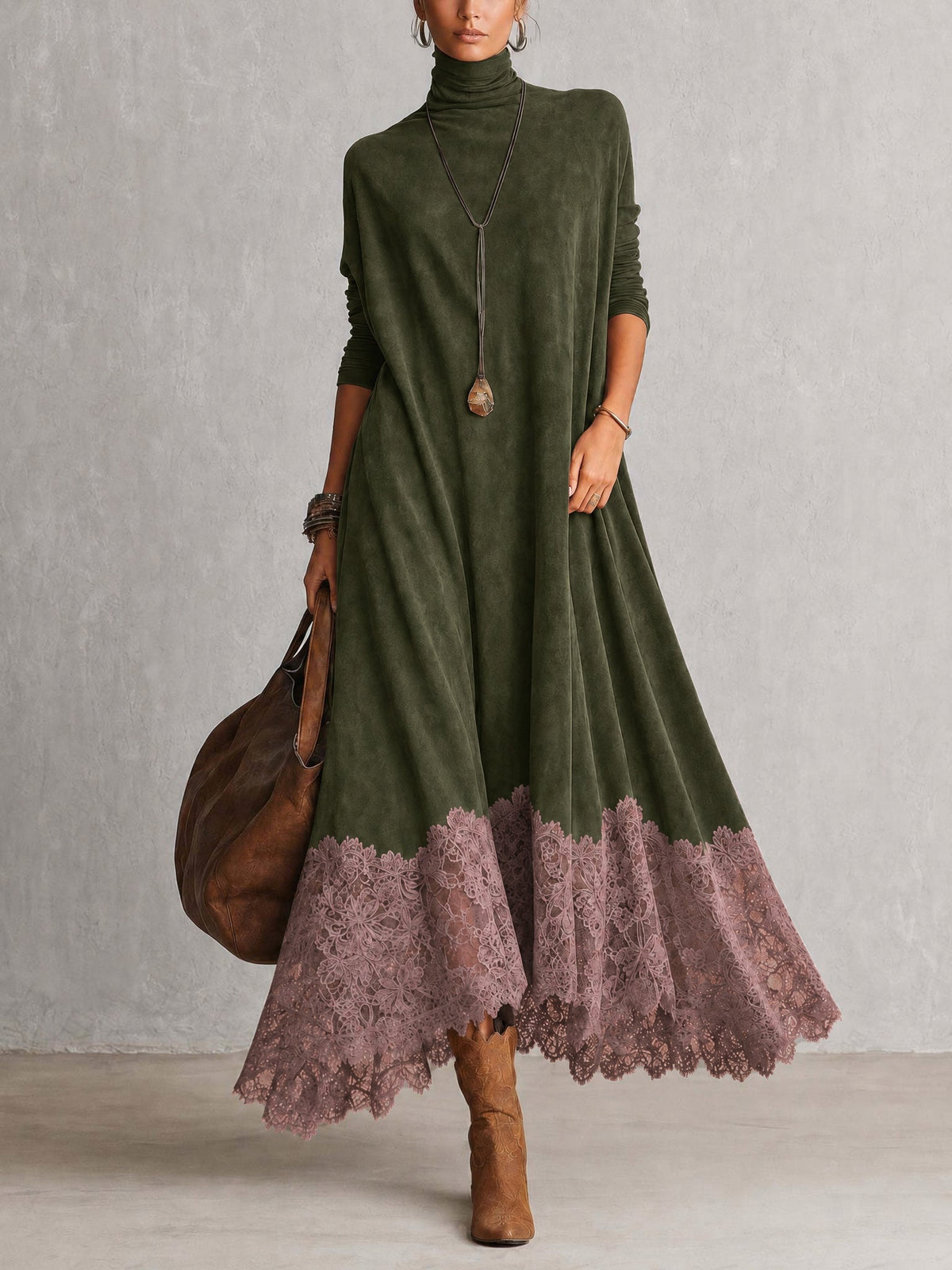 Vintage Brown Suede Feel Long Sleeve Lace Hem Maxi Dress