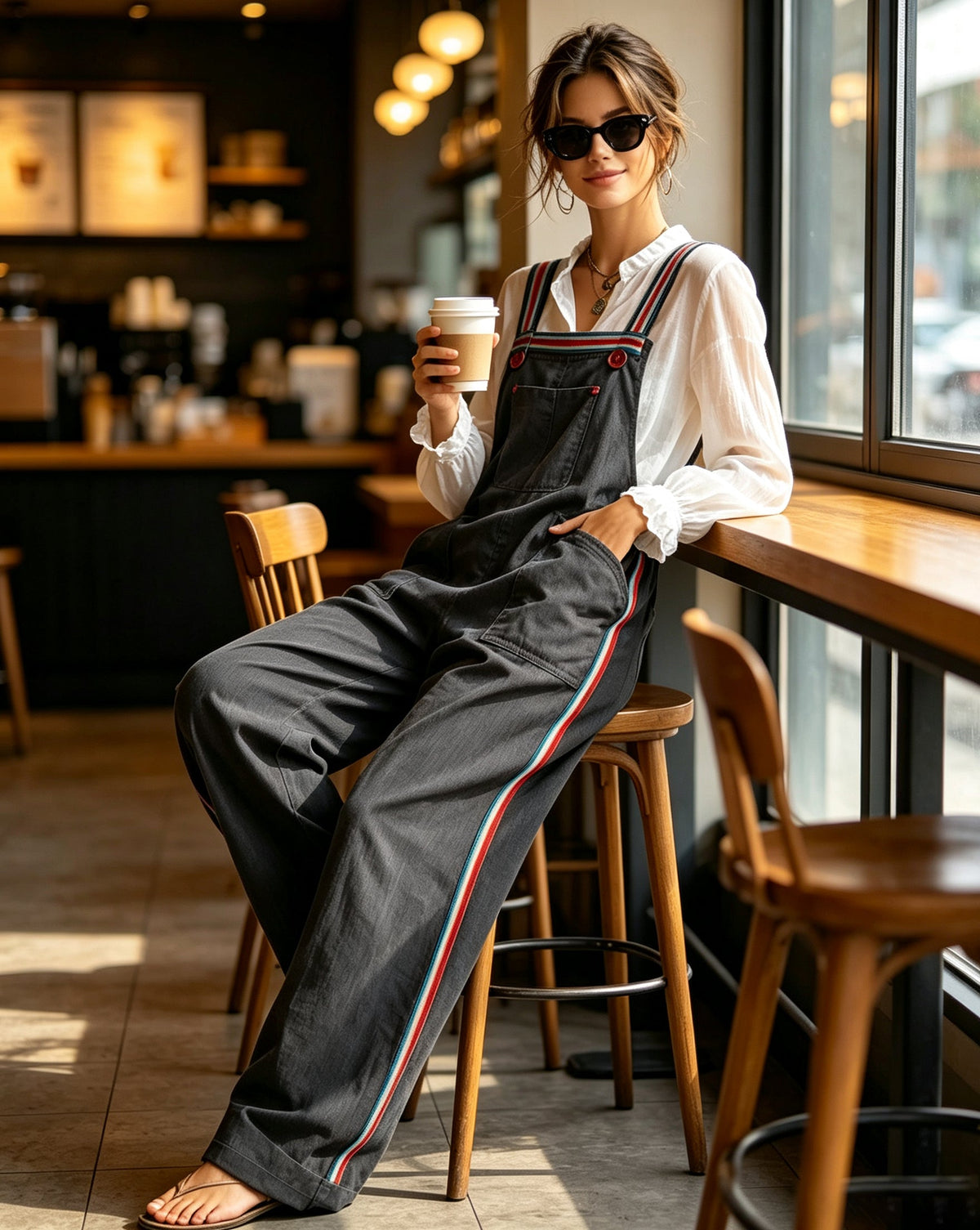 Women’s Oversized Utility Overalls – Contrast Strap Wide Leg Cargo Jumpsuit With Pockets