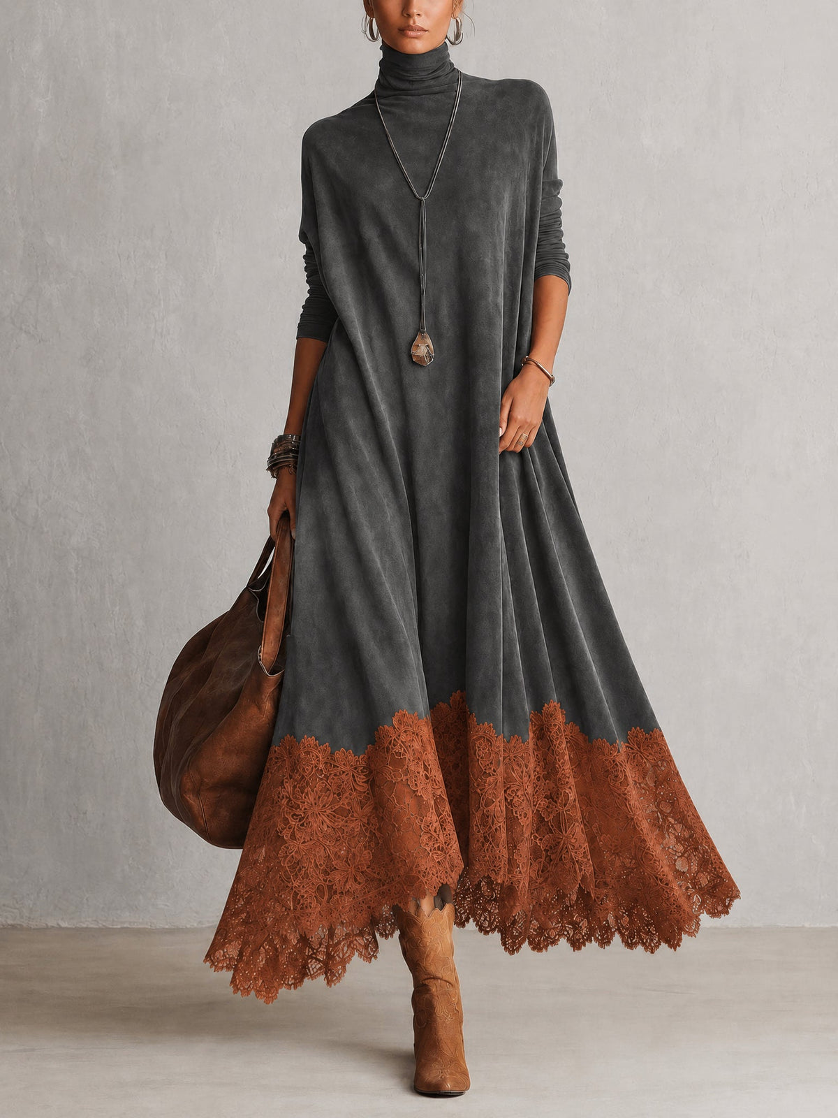 Vintage Brown Suede Feel Long Sleeve Lace Hem Maxi Dress