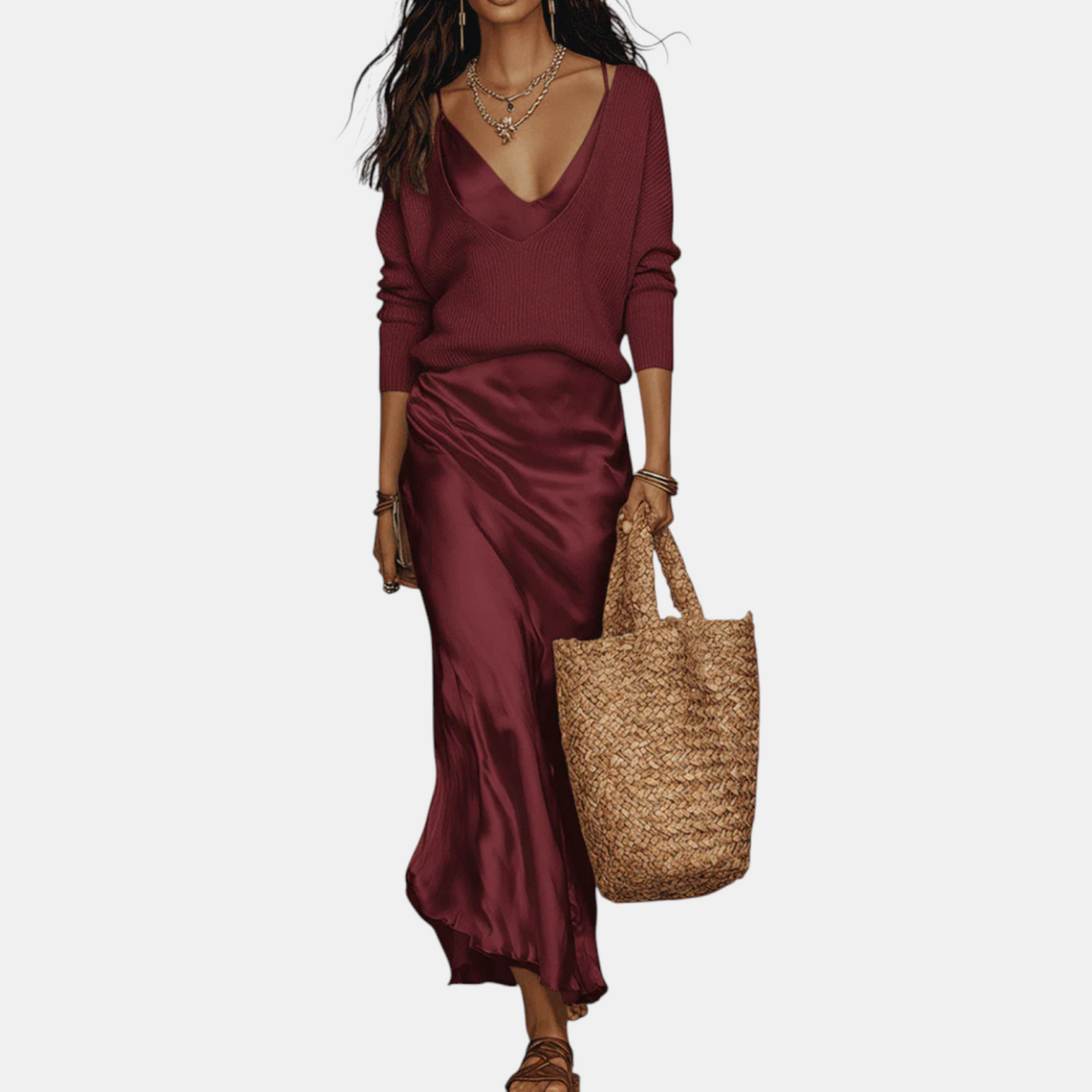 Women's Knit Sweater and Satin Slip Midi Skirt Matching Set