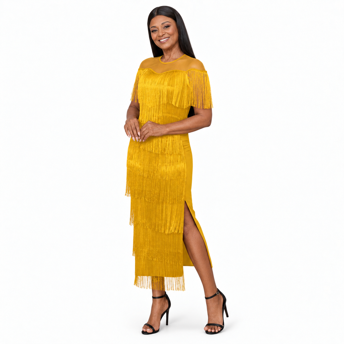 The Rosemont Mesh-Shoulder Fringe Maxi Dress