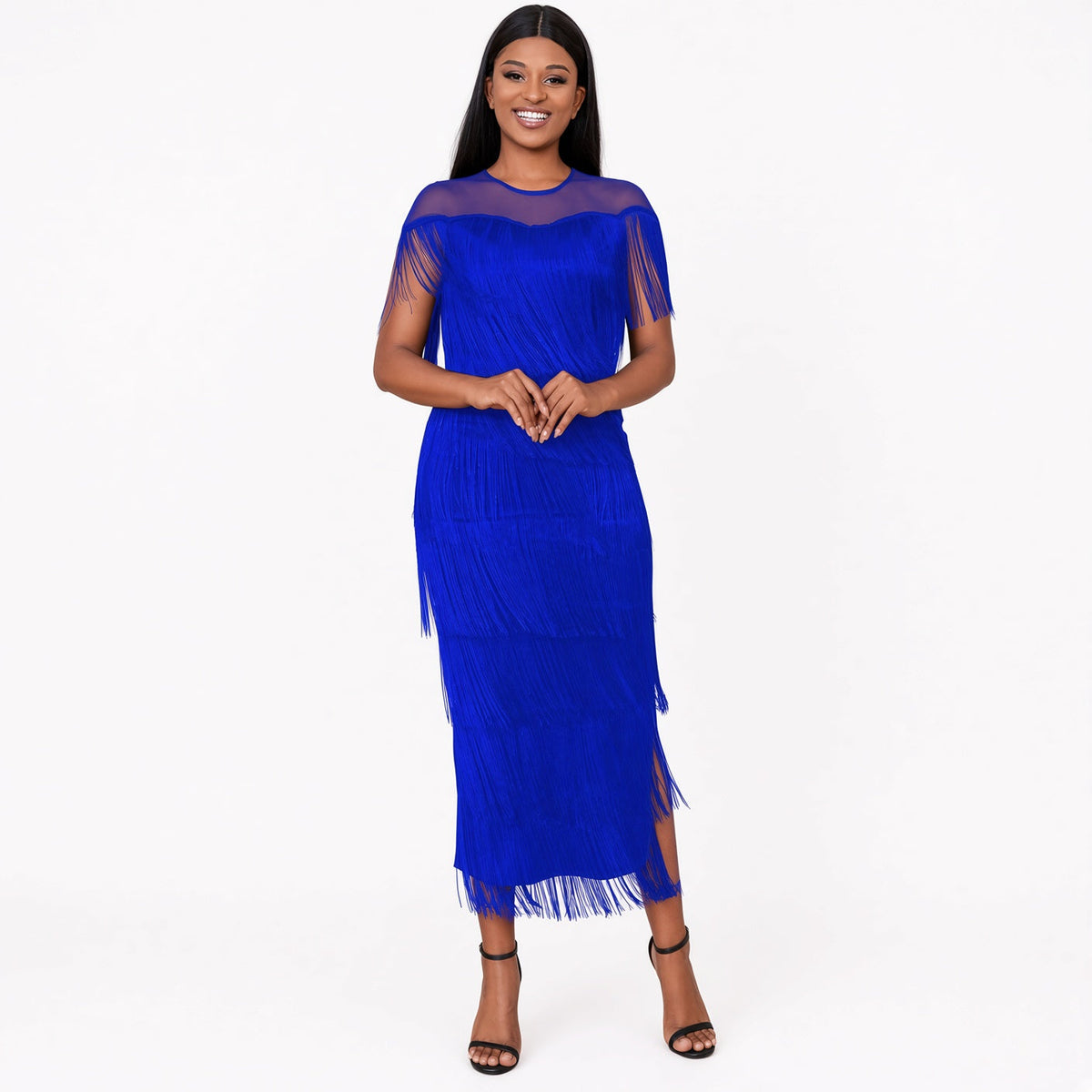 The Rosemont Mesh-Shoulder Fringe Maxi Dress