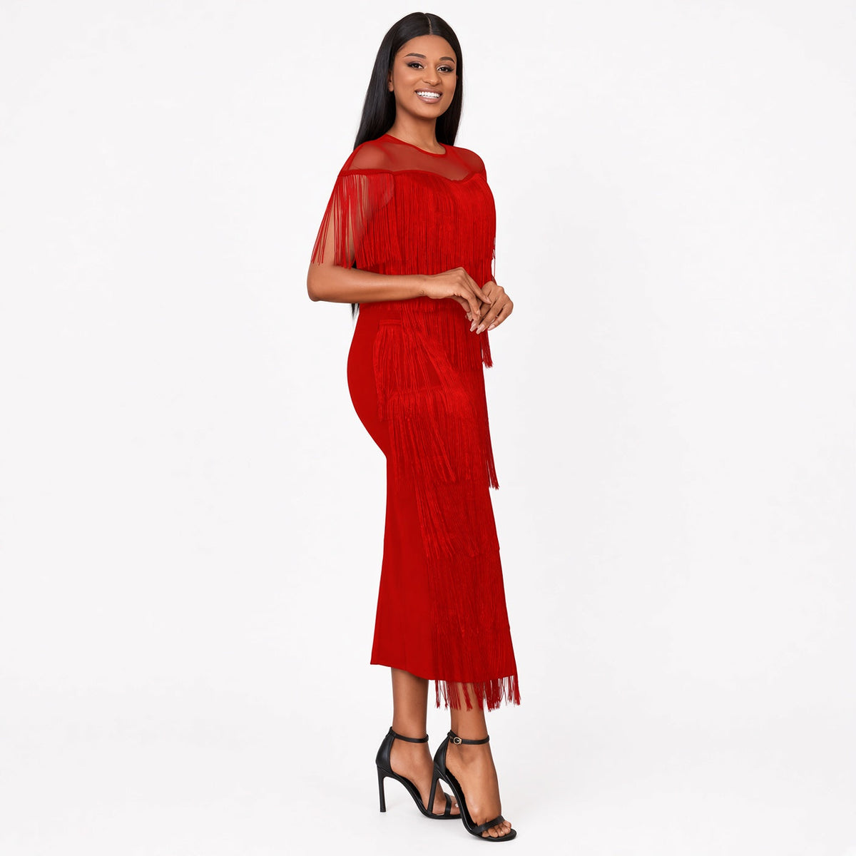 The Rosemont Mesh-Shoulder Fringe Maxi Dress
