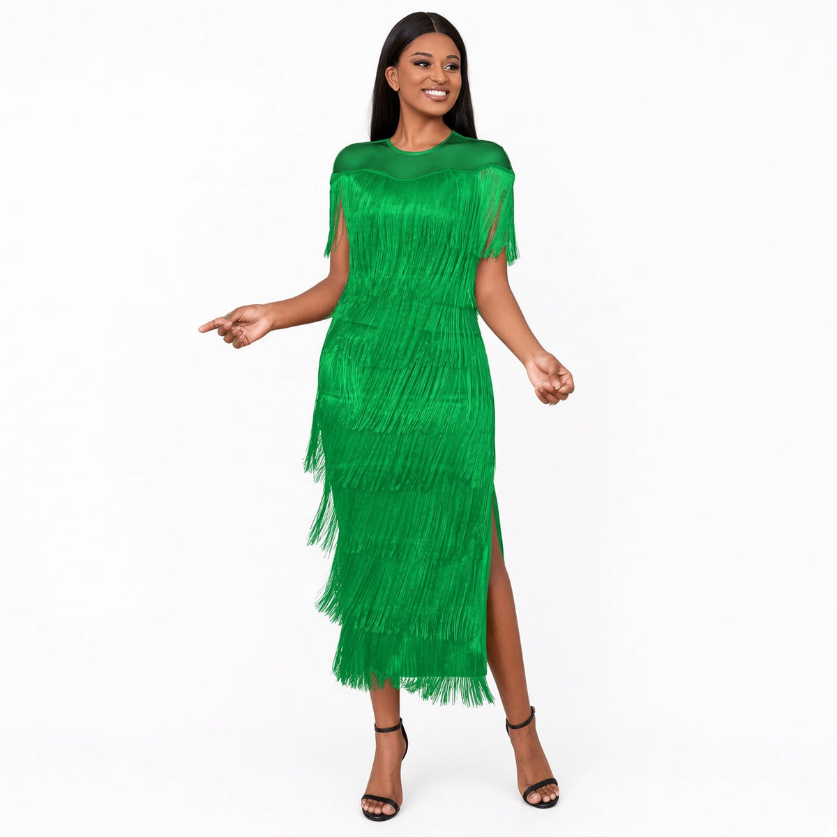 The Rosemont Mesh-Shoulder Fringe Maxi Dress