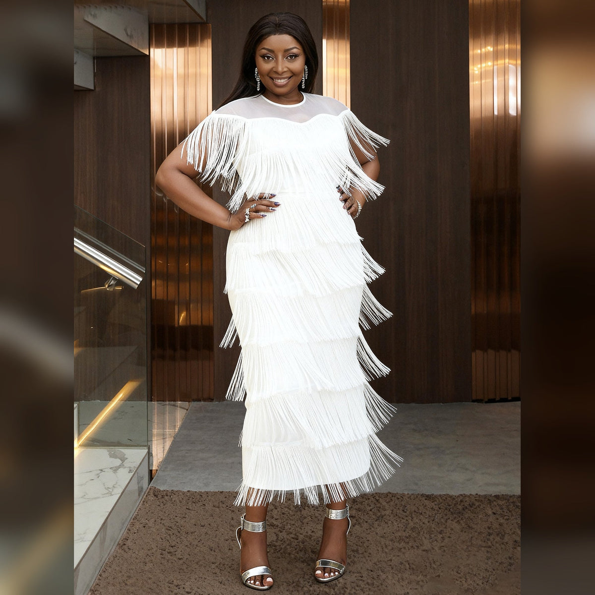 The Rosemont Mesh-Shoulder Fringe Maxi Dress