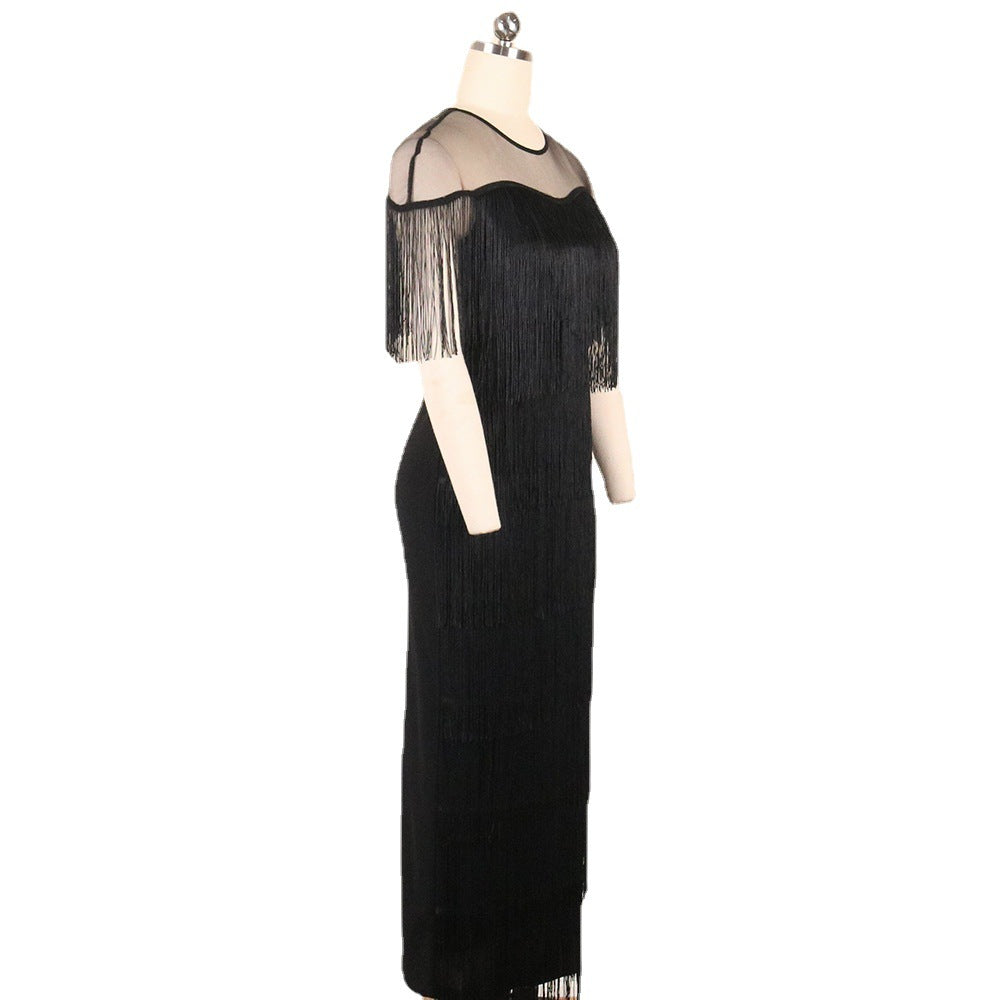 The Rosemont Mesh-Shoulder Fringe Maxi Dress