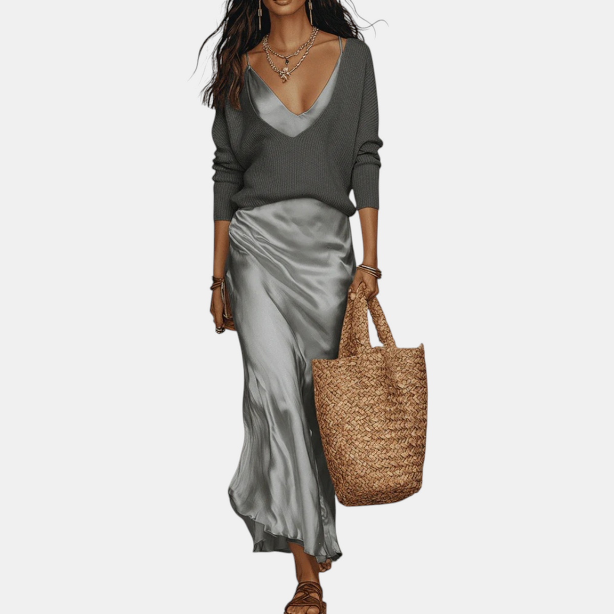 Women's Knit Sweater and Satin Slip Midi Skirt Matching Set
