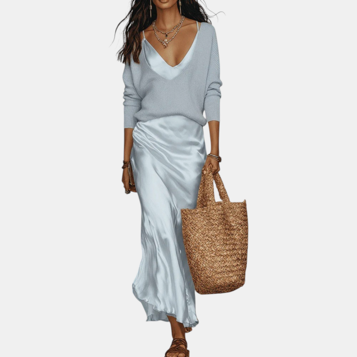 Women's Knit Sweater and Satin Slip Midi Skirt Matching Set