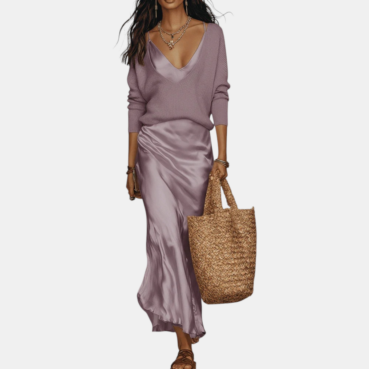 Women's Knit Sweater and Satin Slip Midi Skirt Matching Set