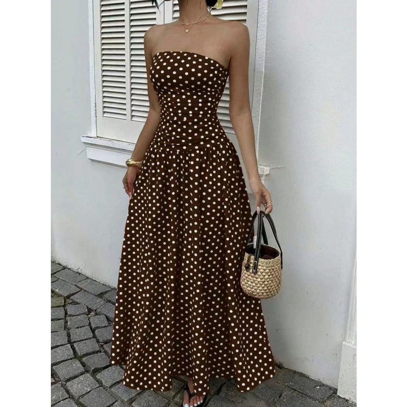 Polka Dot Ruched Strapless Maxi Dress