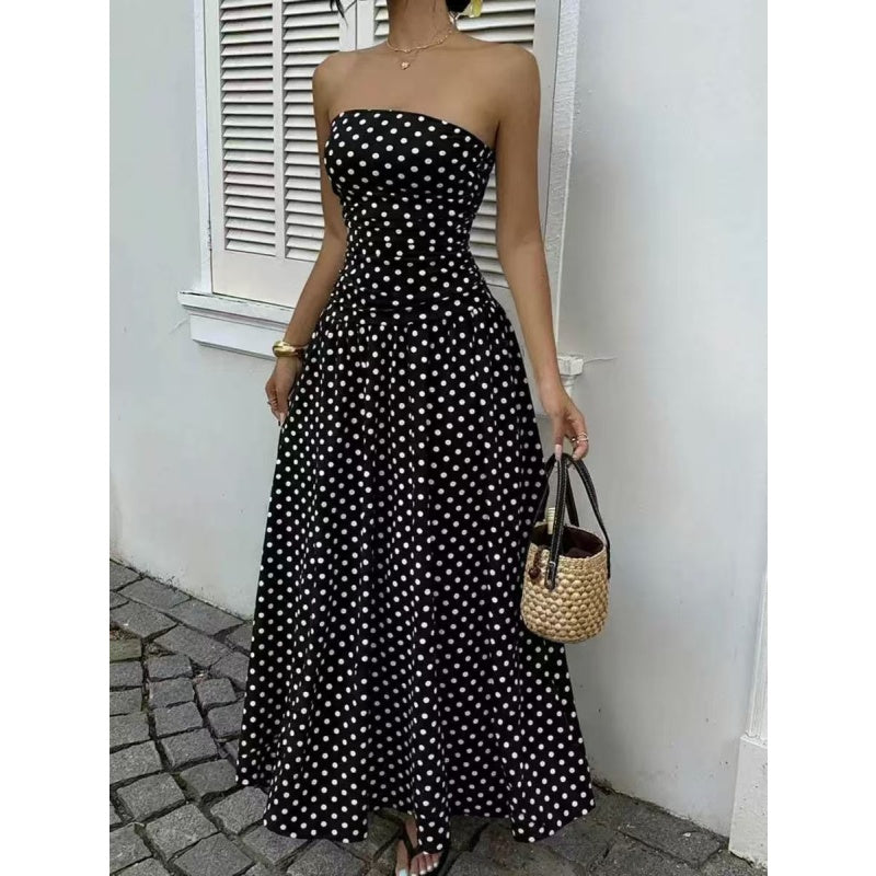 Polka Dot Ruched Strapless Maxi Dress