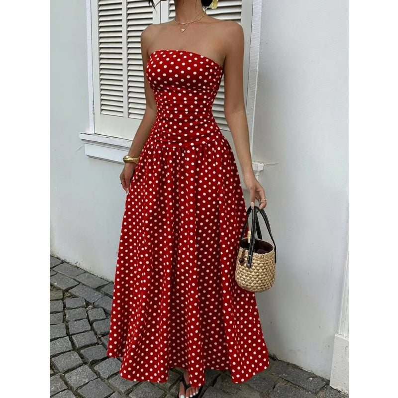 Polka Dot Ruched Strapless Maxi Dress