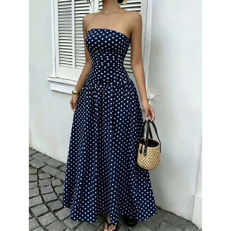 Polka Dot Ruched Strapless Maxi Dress